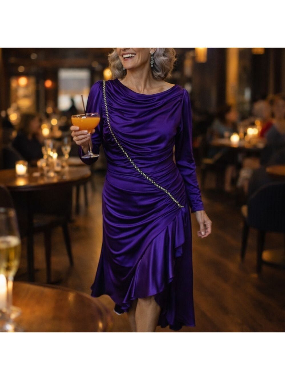 Vintage 80s Glam Purple Ruched Rhinestone Evening Dress Sz 10 M Retro Party Cowl